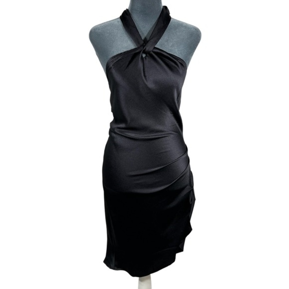 RESA Halter Midi Dress S Charcoal Gray Ruched Satin Twist Neck Open Back USA NEW